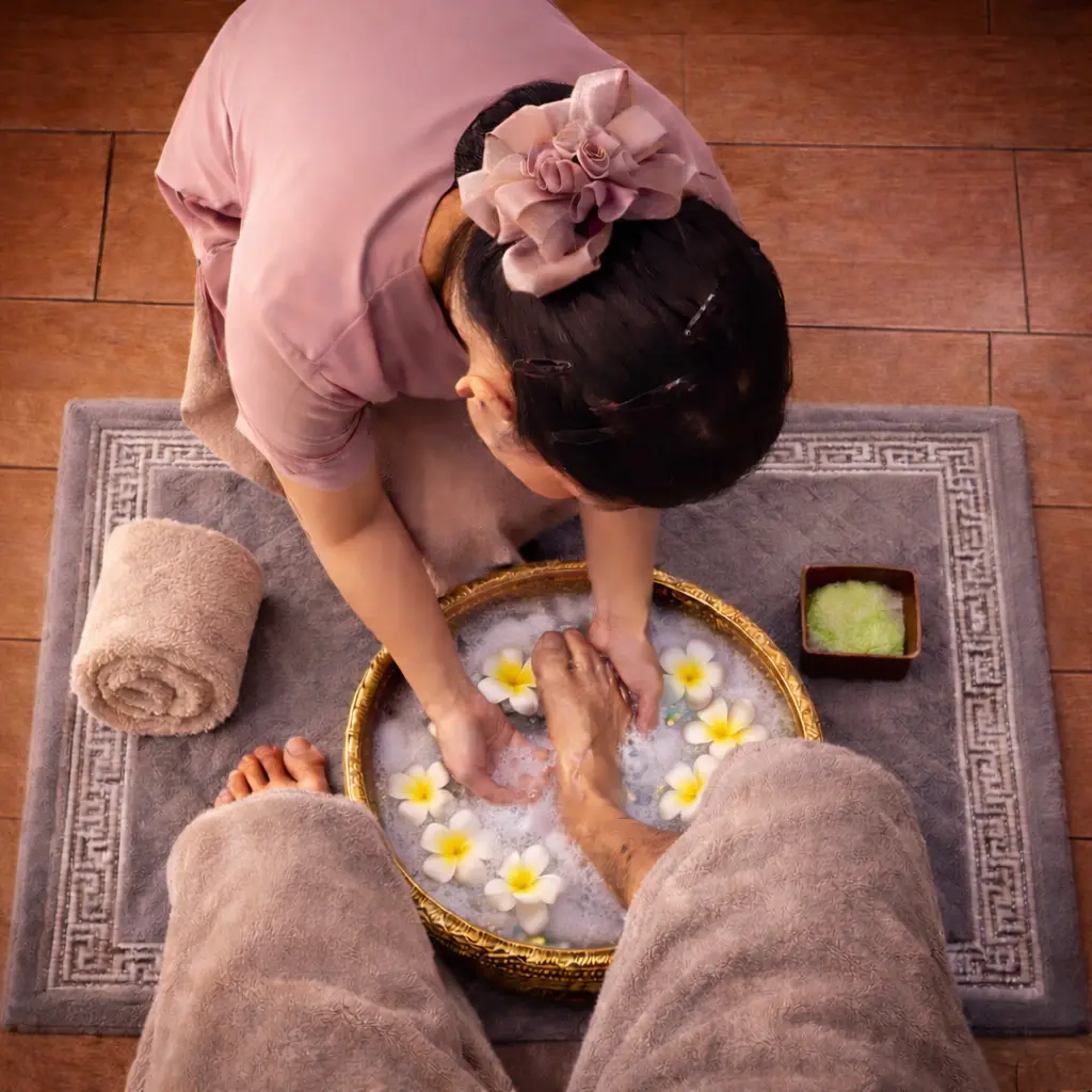 Rituel des pieds avant un massage thaï à Mor Thai Spa, Guéliz Marrakech